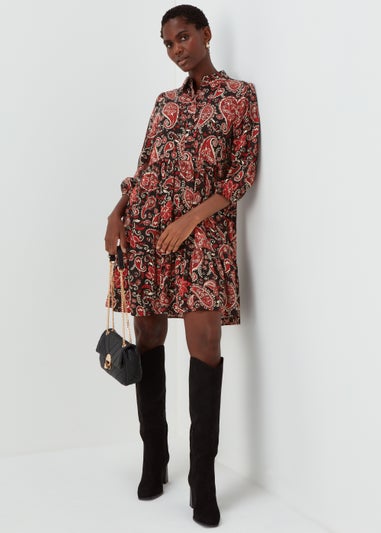 Black Paisley Print Mini Shirt Dress