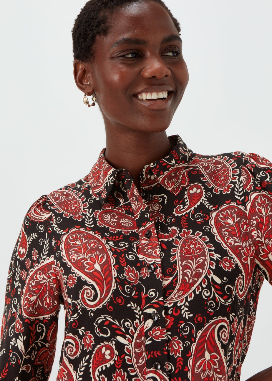 Black Paisley Print Mini Shirt Dress