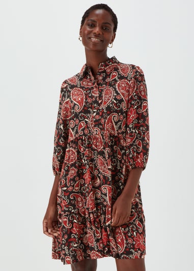 Black Paisley Print Mini Shirt Dress