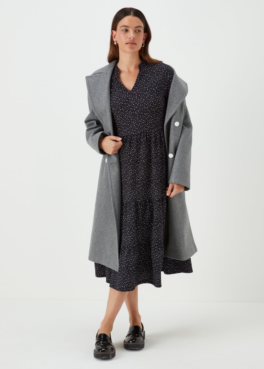 Black Spot Crinkle V-Neck Midi Dress