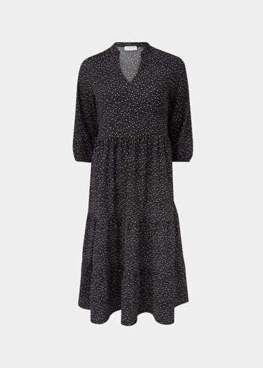 Black Spot Crinkle V-Neck Midi Dress