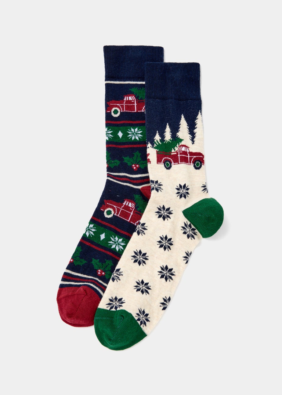 2 Pack Navy Car Print Christmas Socks
