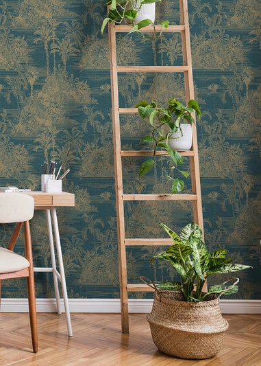 Muriva Tropical Toile Blue & Gold Wallpaper
