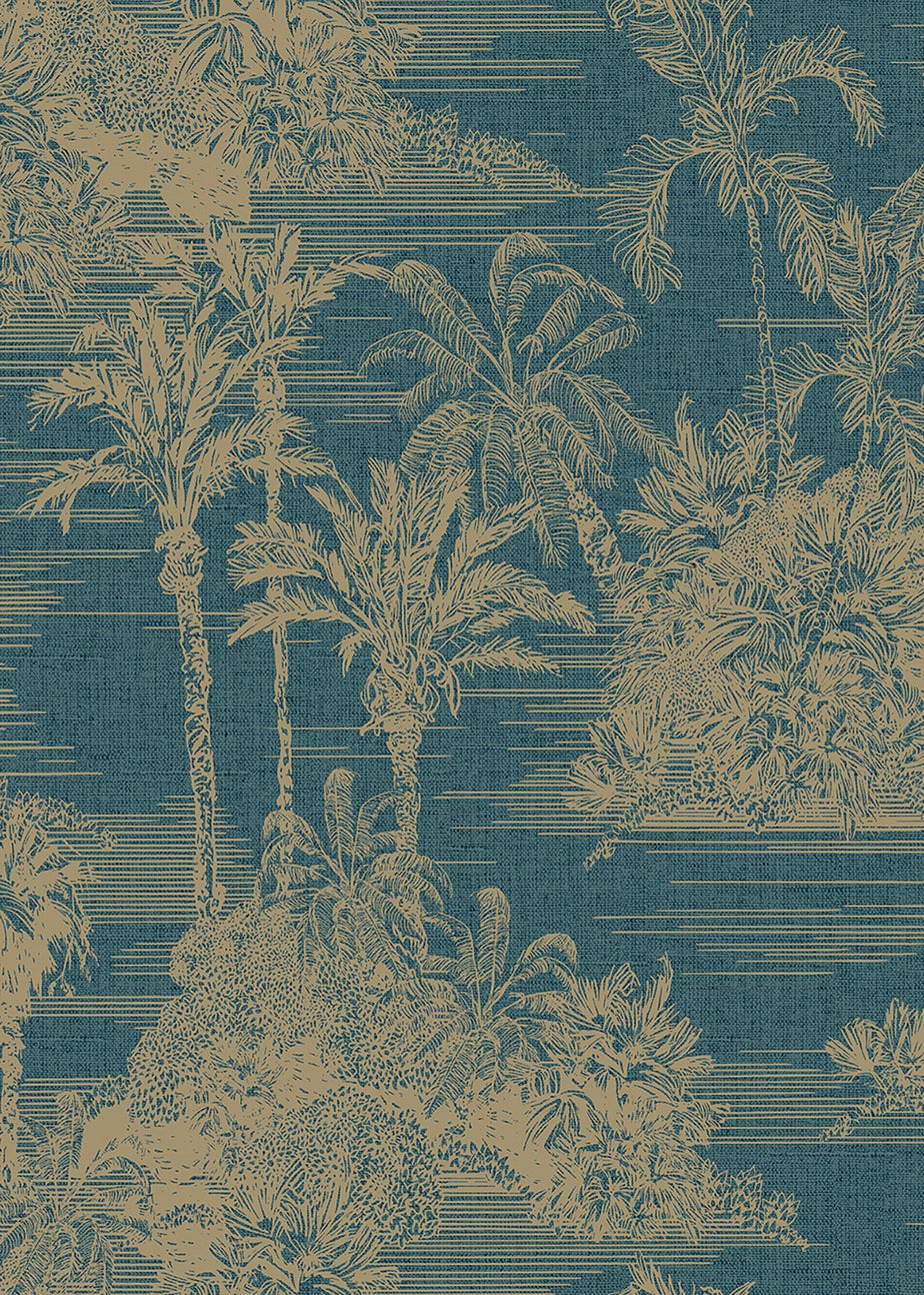 Muriva Tropical Toile Blue & Gold Wallpaper
