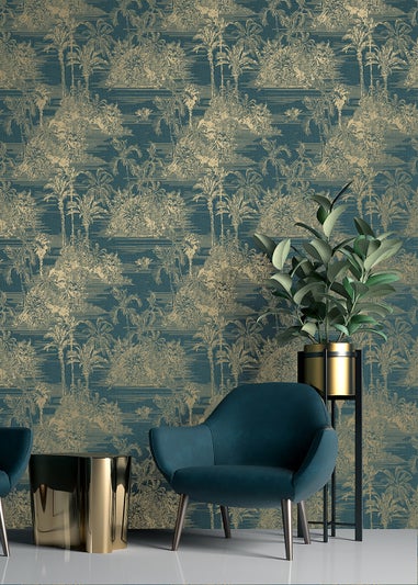 Muriva Tropical Toile Blue & Gold Wallpaper