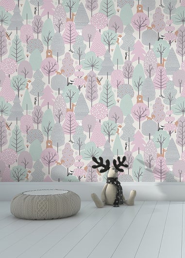 Muriva Wild Wood Pink & Teal Wallpaper