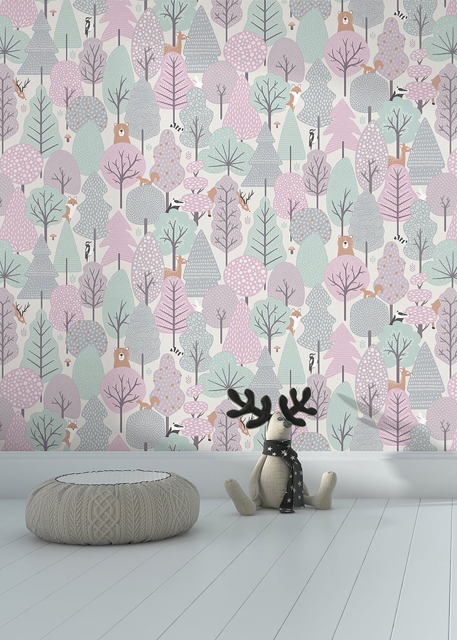 Muriva Wild Wood Pink & Teal Wallpaper