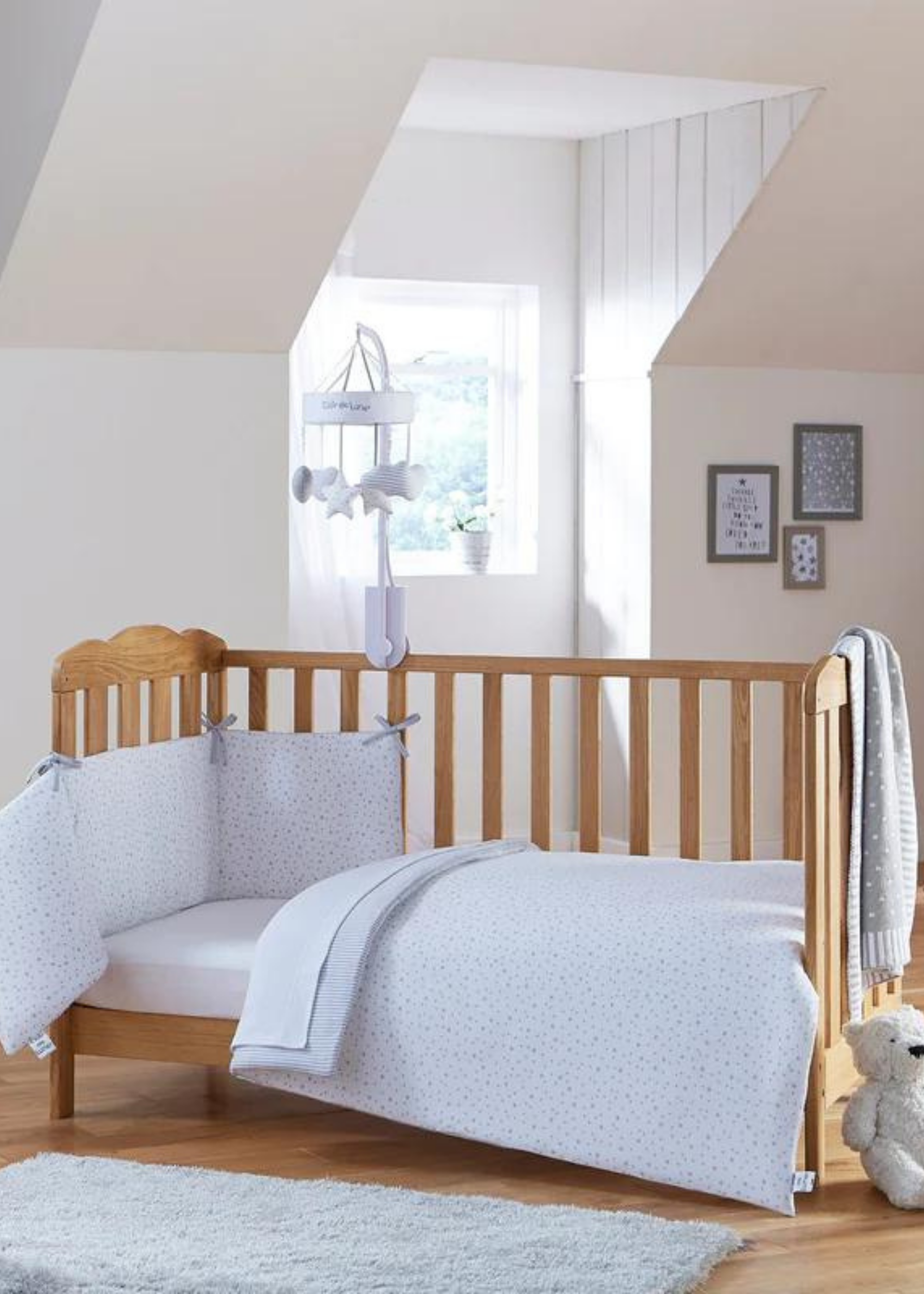 Clair de Lune Grey Stars & Stripes Cot Bed Quilt & Bumper Bedding Set