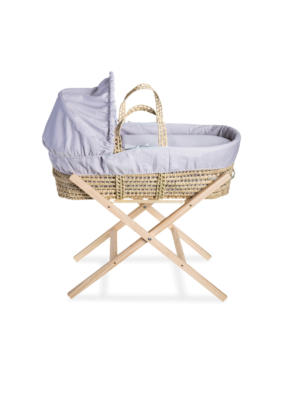 Clair de Lune Grey Cotton Dream Palm Moses Basket With Natural Folding Stand