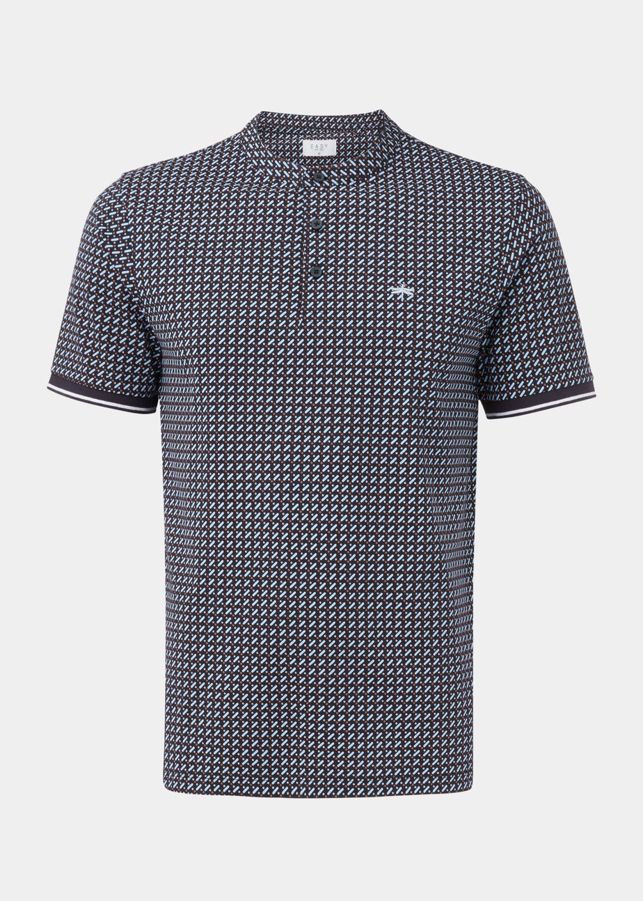 Black Print Grandad Collar Polo Shirt