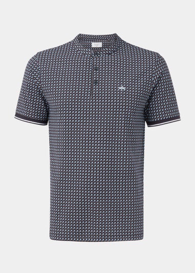 Black Print Grandad Collar Polo Shirt