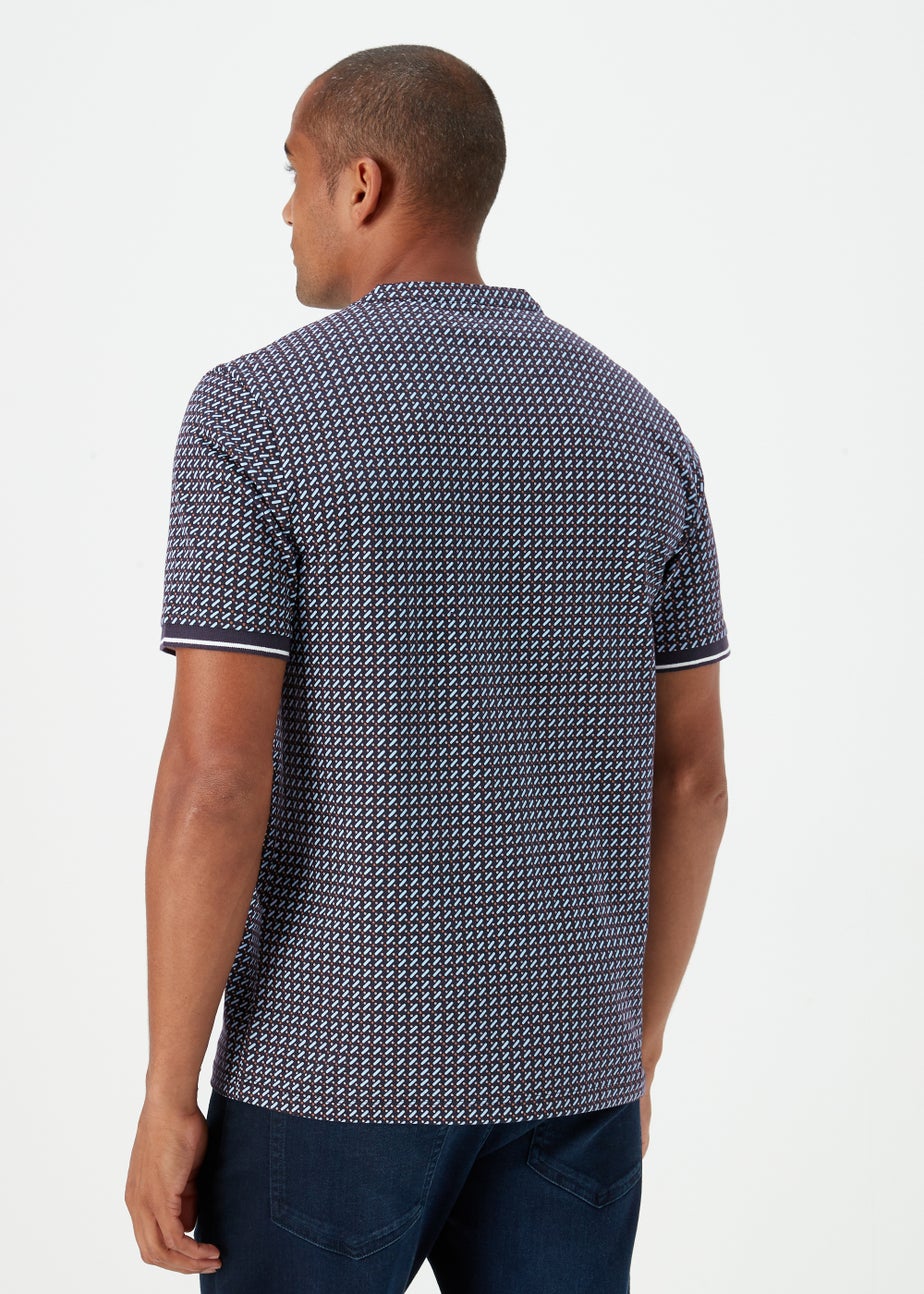 Black Print Grandad Collar Polo Shirt