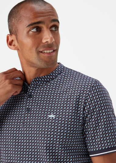 Black Print Grandad Collar Polo Shirt