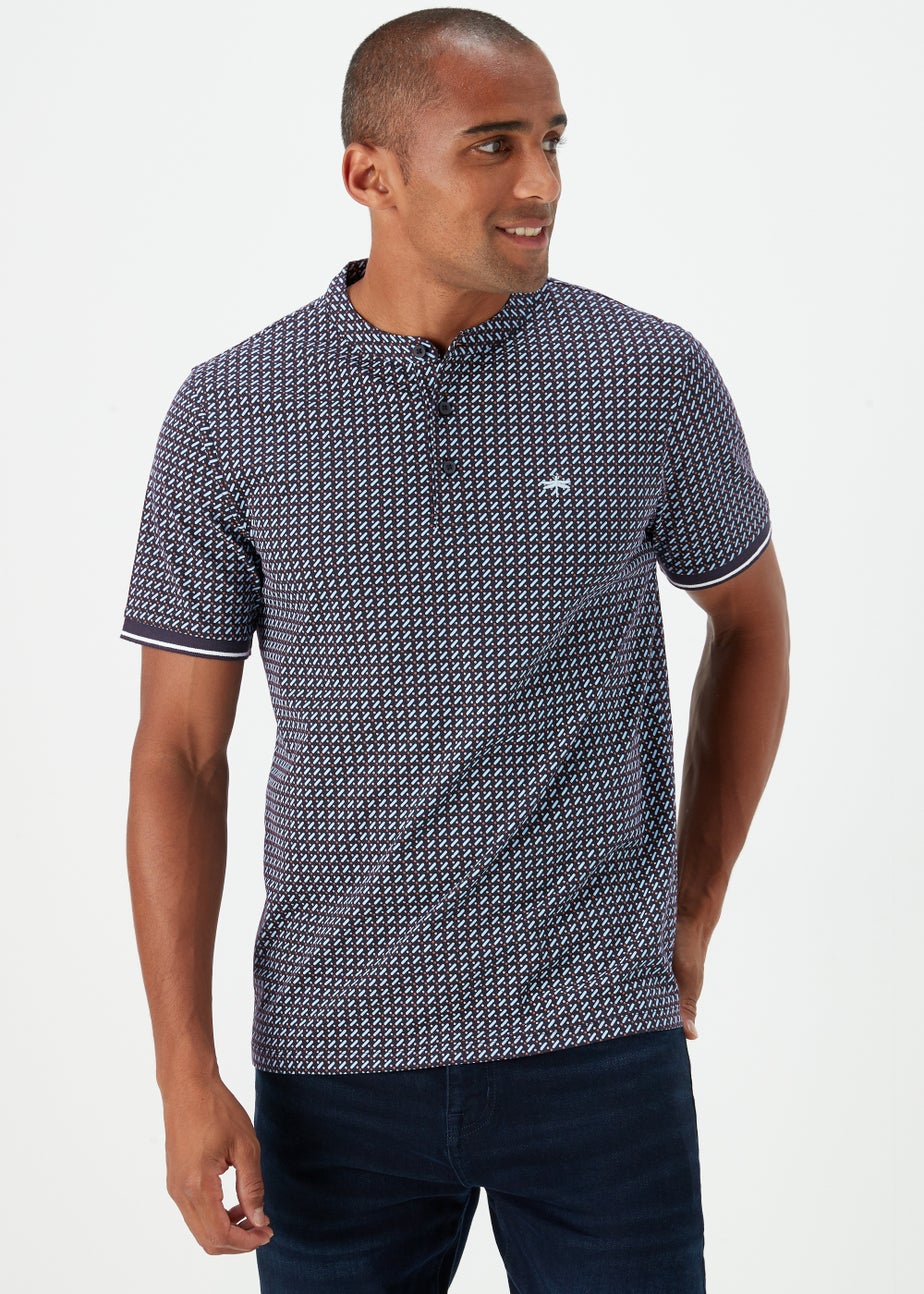 Black Print Grandad Collar Polo Shirt
