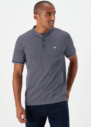 Black Print Grandad Collar Polo Shirt