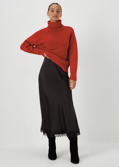 Black Lace Trim Midi Skirt