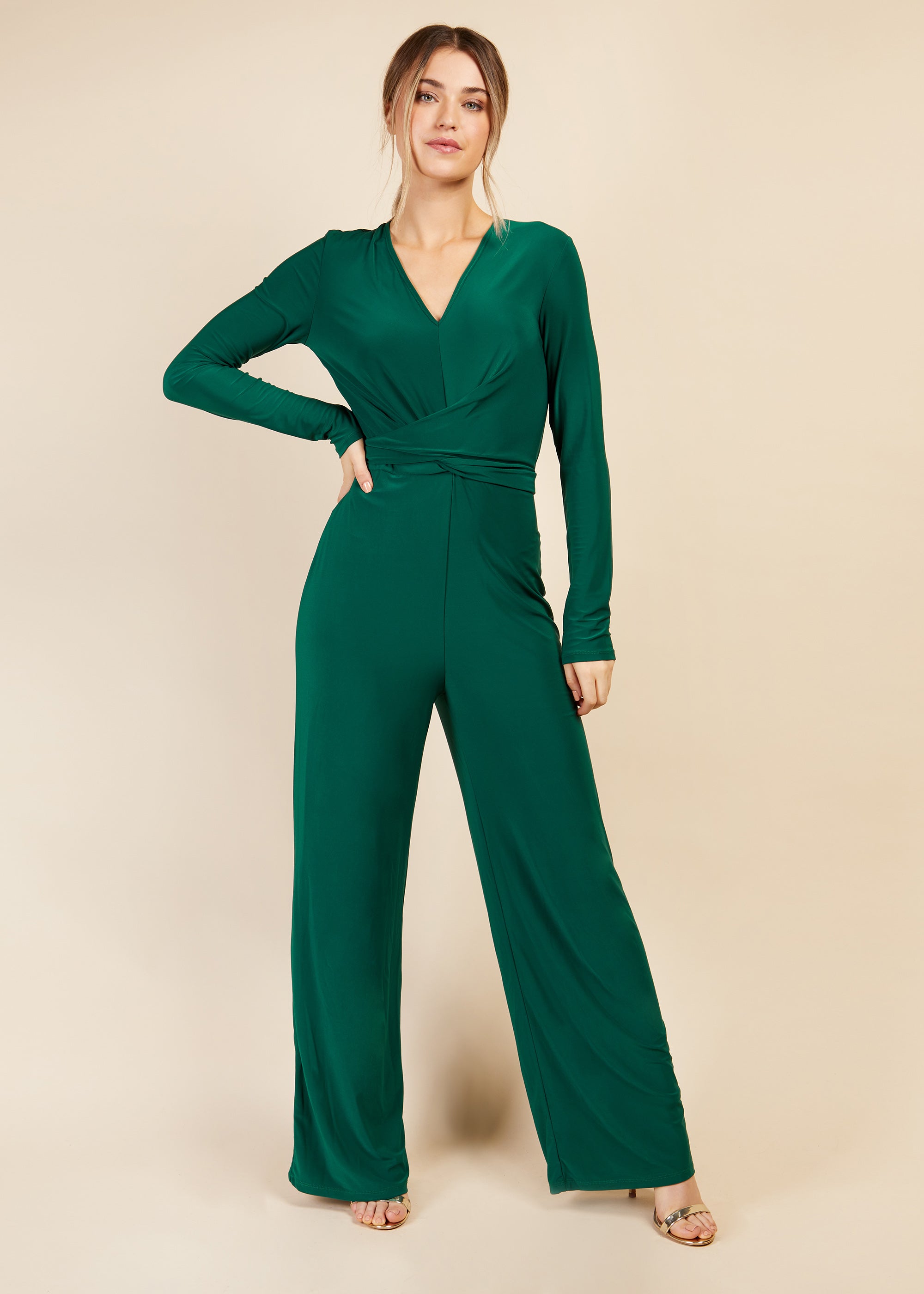 Little Mistress Green V Neck Crossover Jumpsuit - Matalan