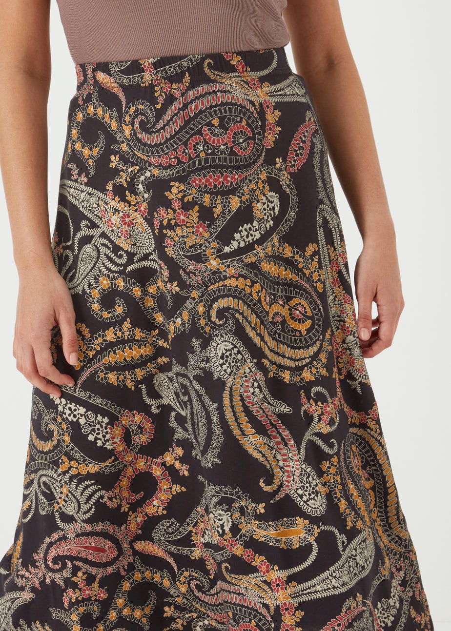 Black Multicoloured Paisley Print Flared Midi Skirt