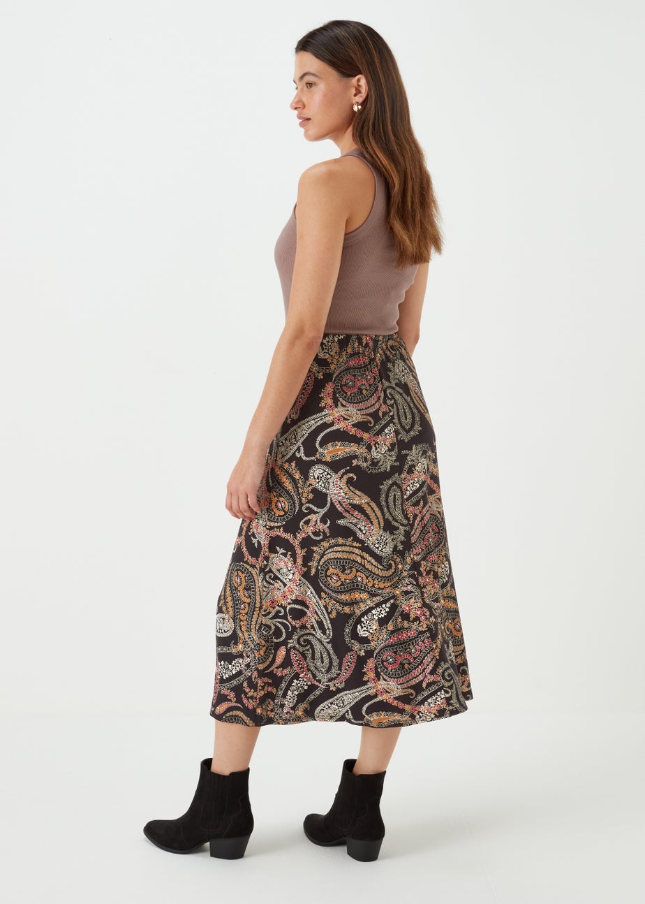 Black Multicoloured Paisley Print Flared Midi Skirt