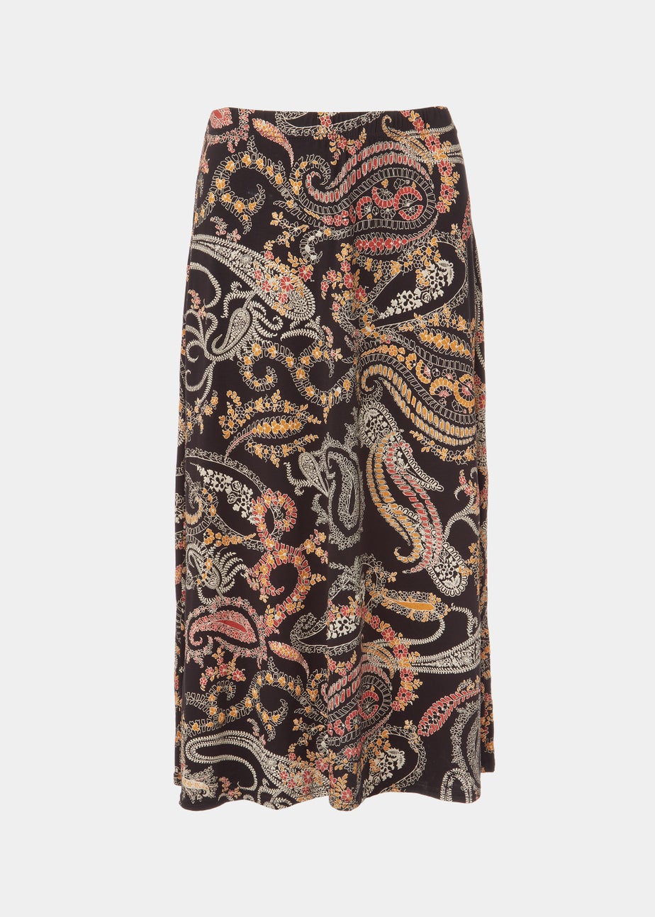 Black Multicoloured Paisley Print Flared Midi Skirt