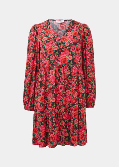 Red Floral Print Viscose Mini Dress