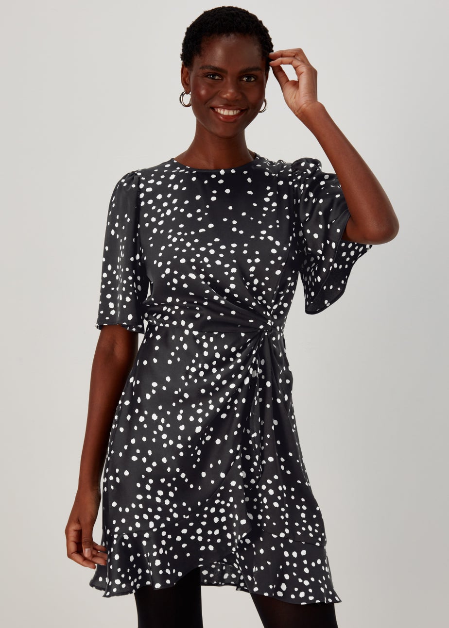 Et Vous Black Spot Print Wrap Mini Dress