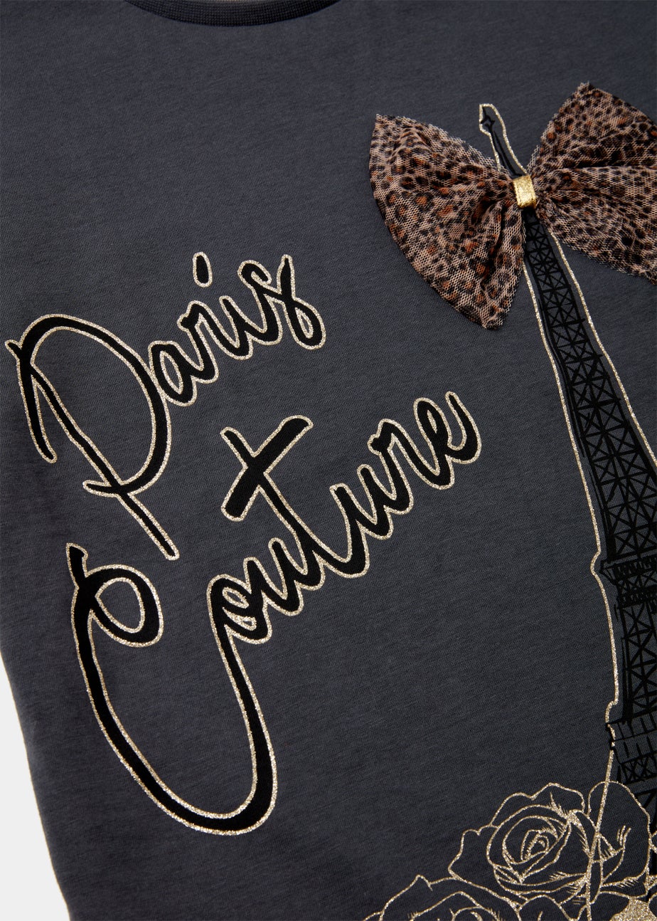 Girls Grey Paris Leopard Bow T-Shirt (4-13yrs)