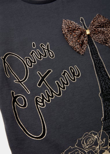 Girls Grey Paris Leopard Bow T-Shirt (4-13yrs)