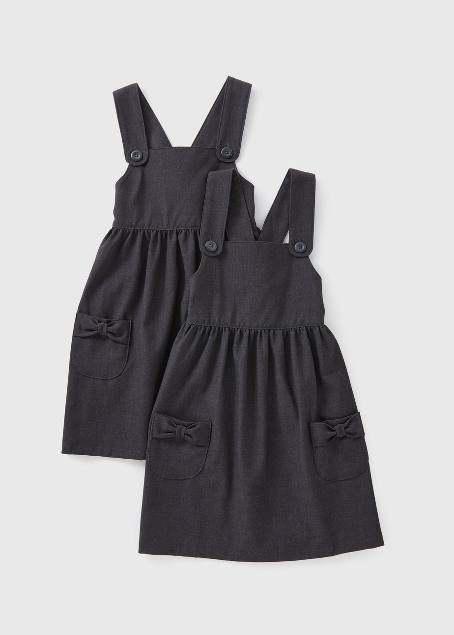 Girls 2 Pack Grey Pinafore Bow Pocket School Dress (3-9yrs)