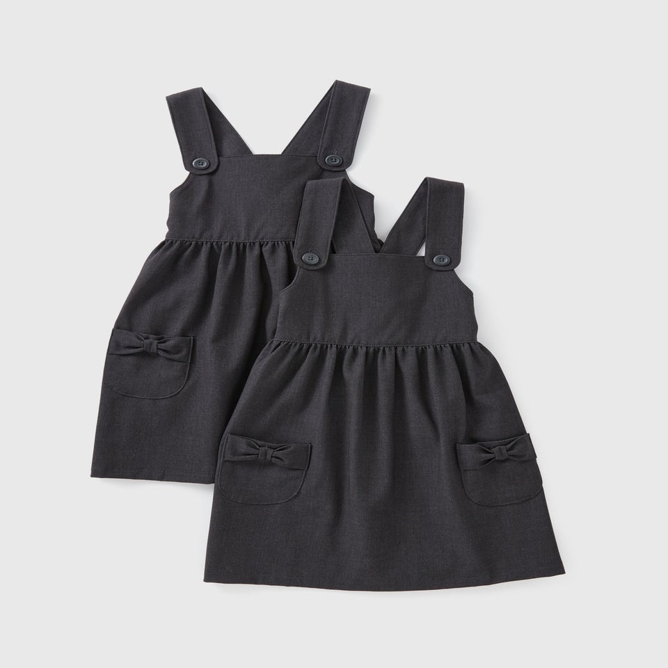 Girls 2 Pack Grey Pinafore Bow Pocket School Dress (3-9yrs)