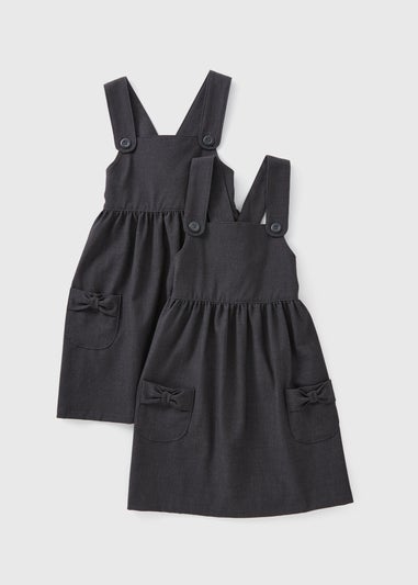 Girls 2 Pack Grey Pinafore Bow Pocket School Dress (3-9yrs)