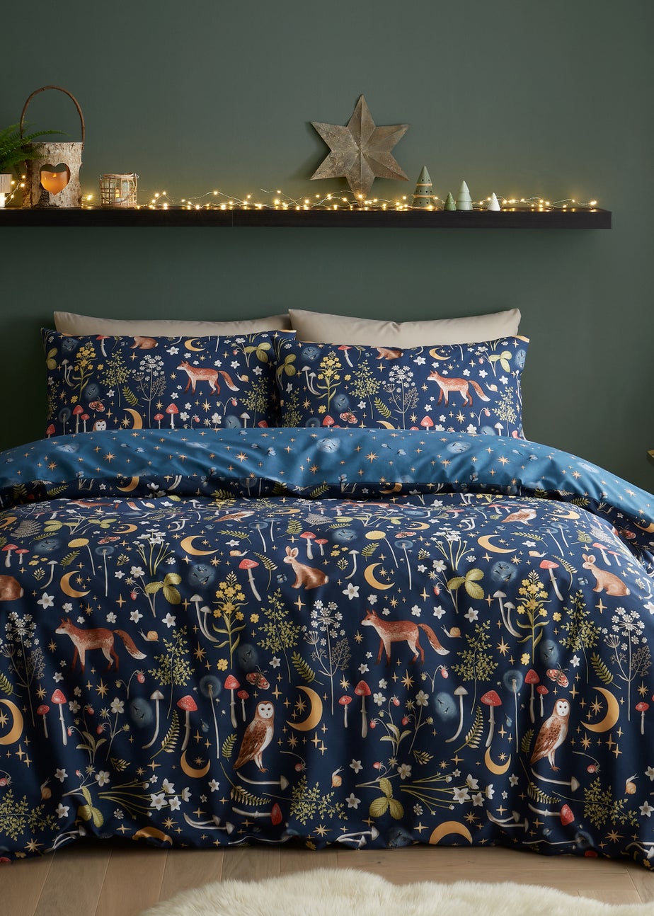 Catherine Lansfield Enchanted Twilight Animals Reversible Duvet Cover Set Navy Blue