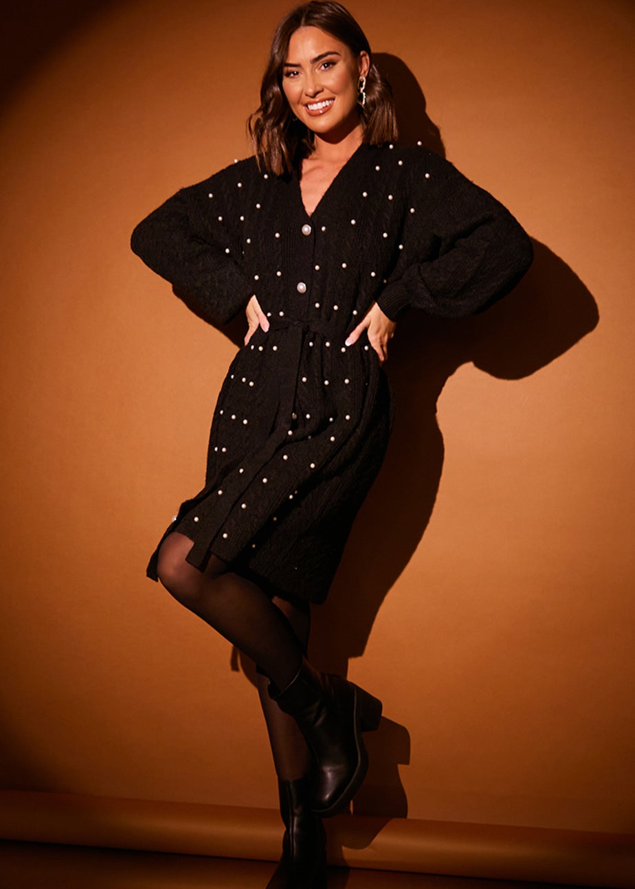 In The Style Stacey Solomon Black Pearl Detail Cable Belted Dress