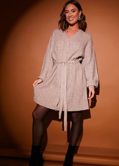 In The Style Nude Pearl Detail Cable Belt Jumper Dress