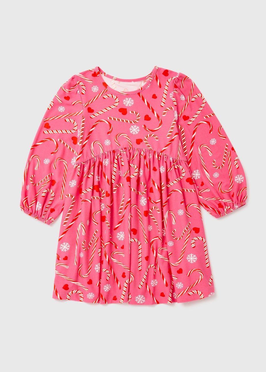Girls Pink Christmas Candy Cane Print Soft Touch Dress (9mths-6yrs)