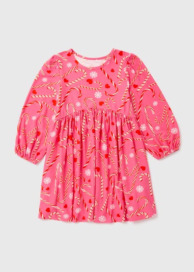 Girls Pink Christmas Candy Cane Print Soft Touch Dress (9mths-6yrs)