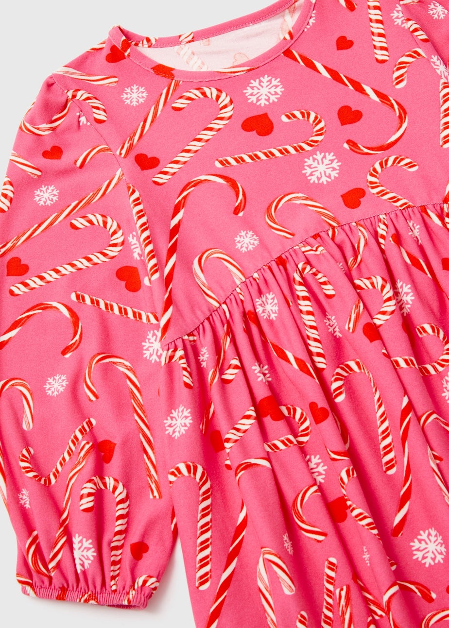 Girls Pink Christmas Candy Cane Print Soft Touch Dress (9mths-6yrs)