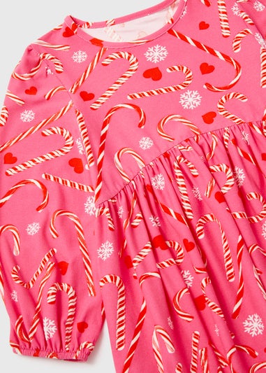 Girls Pink Christmas Candy Cane Print Soft Touch Dress (9mths-6yrs)