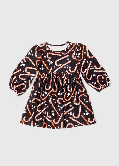 Girls Black Candy Cane Print Dress (9mths-6yrs)