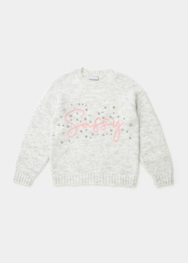 Girls Grey Sassy Print Fluffy Jumper (4-12yrs)