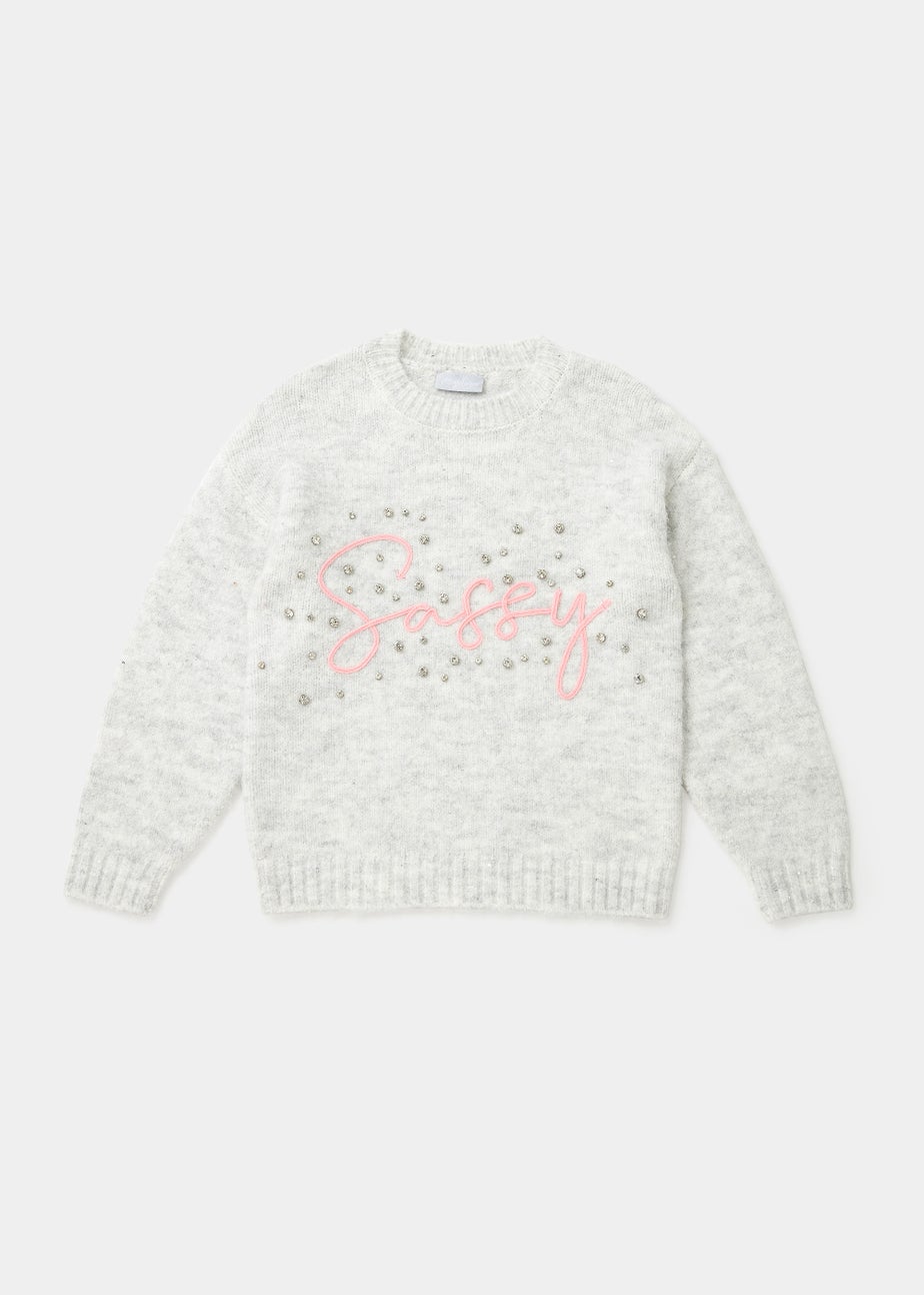 Girls Grey Sassy Print Fluffy Jumper (4-12yrs)