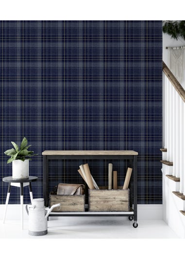 Arthouse Twilled Plaid Navy/Gold Wallpaper