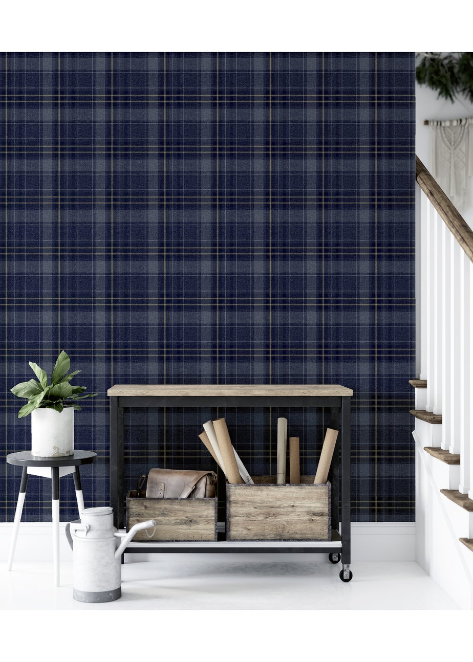 Arthouse Twilled Plaid Navy/Gold Wallpaper