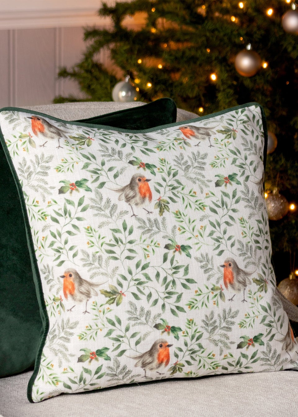 Evans Lichfield Festive Robin Repeat Filled Cushion (43cm x 43cm x 8cm)