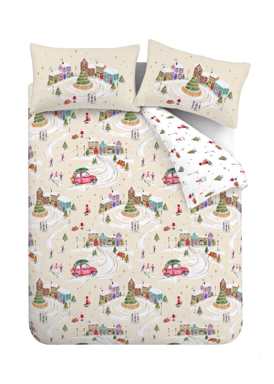 Catherine Lansfield Christmas Town Reversible Duvet Cover Set Neutral