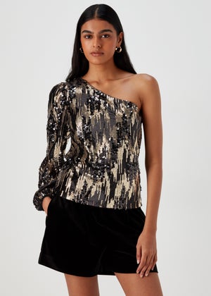 Et Vous Black Sequin One Shoulder Top
