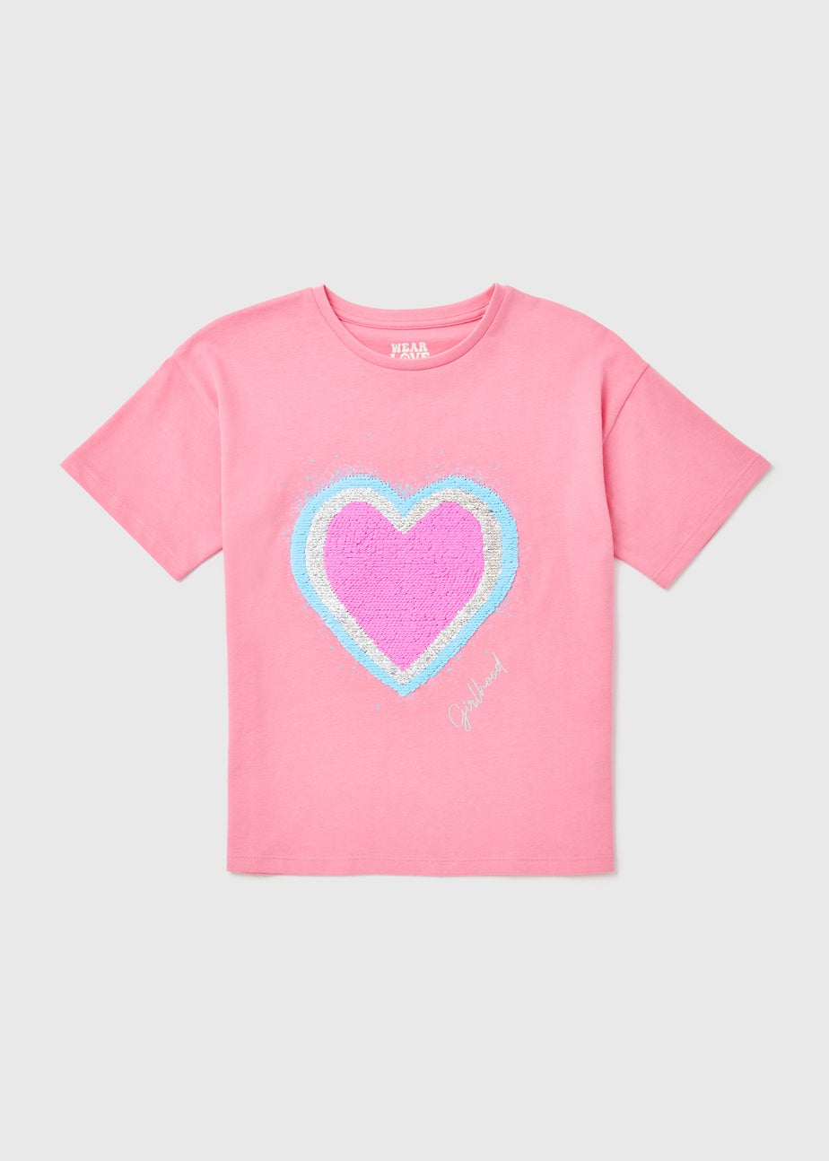 Girls Pink Sequin Heart T-Shirt (4-13yrs)