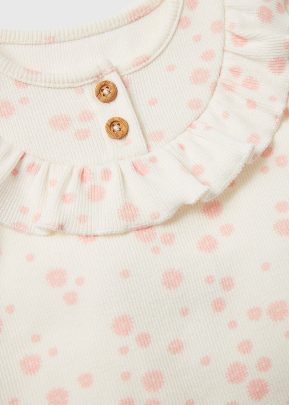 Girls Pink Flower Print Ribbed T-Shirt & Leggings Set (Newborn-23mths)