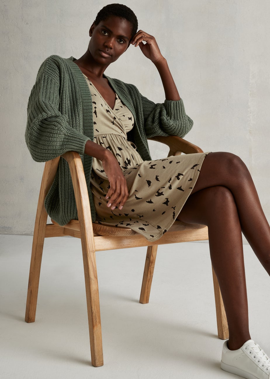 Khaki Mark Making Long Sleeve Wrap Mini Dress