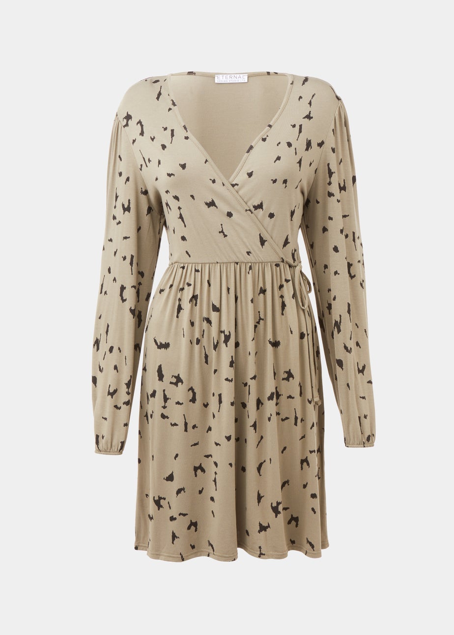 Khaki Mark Making Long Sleeve Wrap Mini Dress